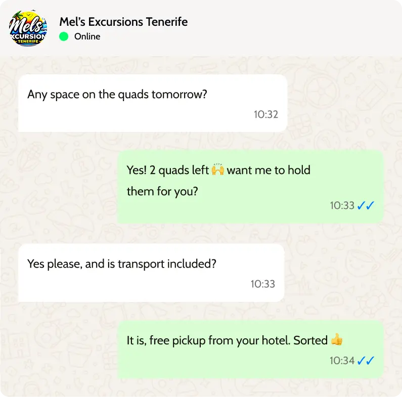 WhatsApp chat with Mel’s Excursions confirming quad availability and free hotel pickup